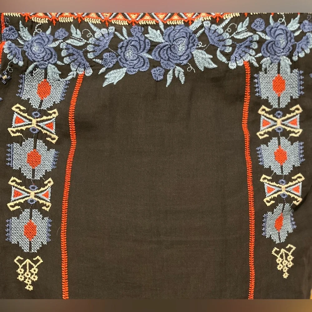 Johnny Was Black Zelda Mexican Peasant Blouse with Blue/Red Embroidery Small - Picture 3 of 15